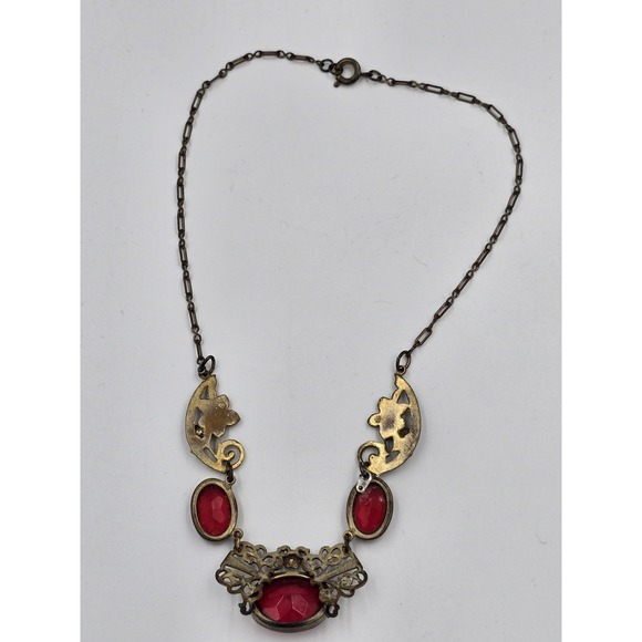 Antique Brass Filigree Necklace Red Glass Stones Art Deco Nouveau Style - Picture 12 of 16